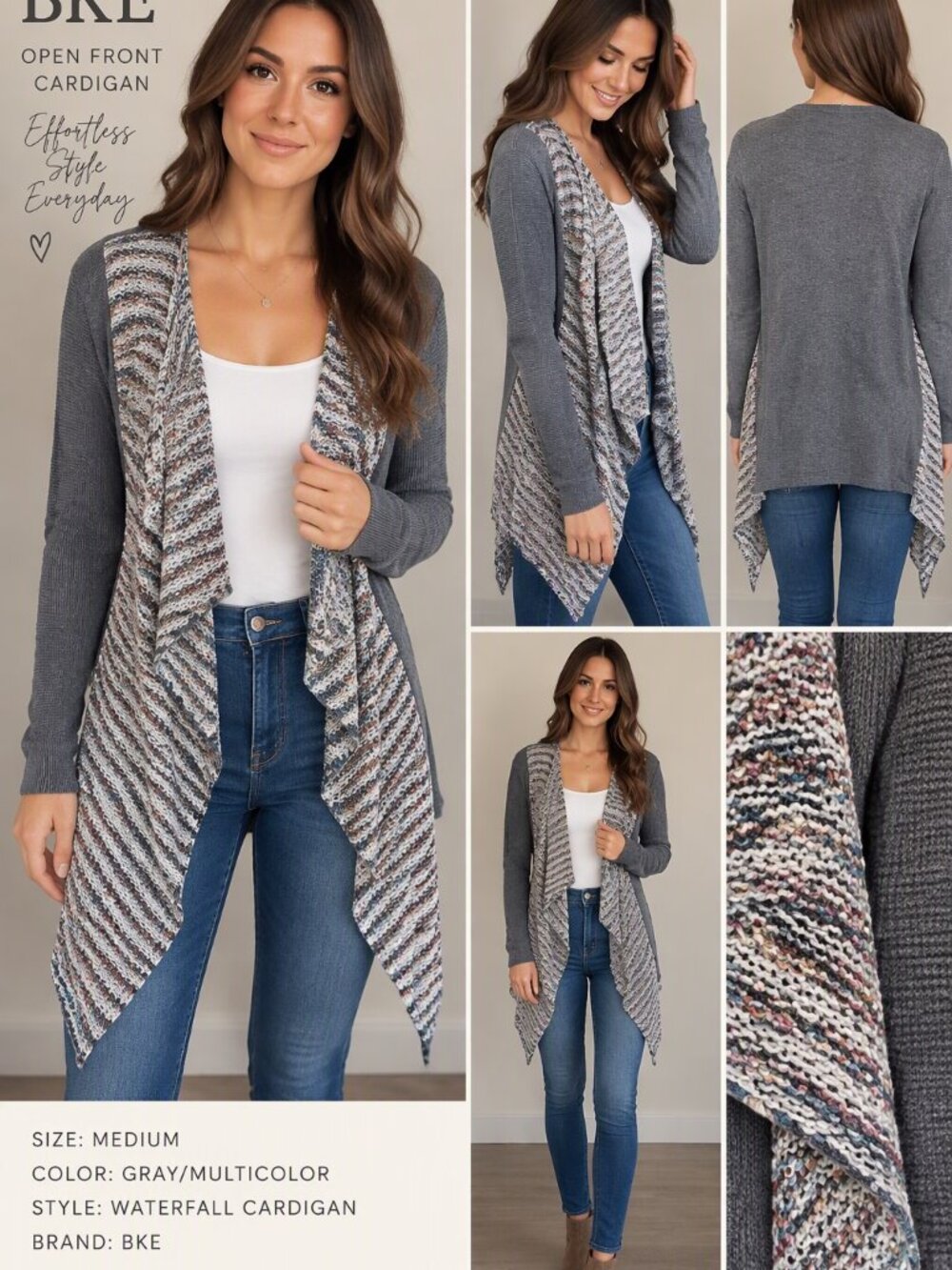 BKE Medium Waterfall Cardigan Gray Marled Knit Boho Open Front Sweater